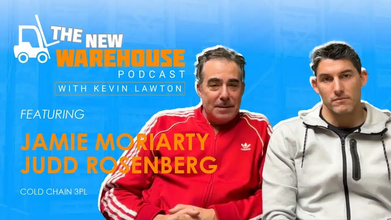 Two men, one in a red adidas tracksuit and the other in a dark hoodie, sitting in front of a blue background promoting "the new warehouse podcast" with expert perspectives, featuring text overlay.